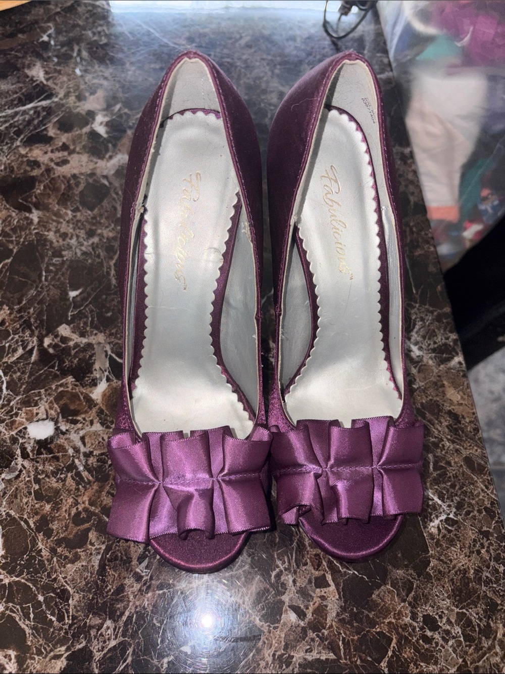 Women's Satin Peep-Toe Heels with Bow Accent in Plum